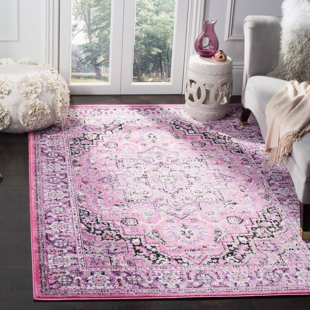 Ivory and Pink Floral Hand-Knotted Round Synthetic Rug