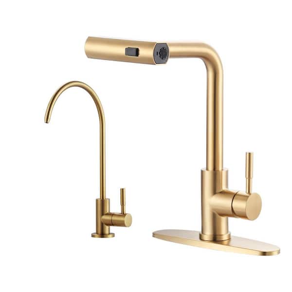 15.7 in Single Handle Pull Out 360 Degree Spout Swivel Kitchen Faucet with Water FilterFaucet Stainless Steel in Gold