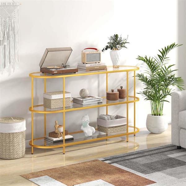 Costway Gold 3-Tier TV Stand Fits TV's up to 65 in. with Tempered Glass Shelves TV Console Table