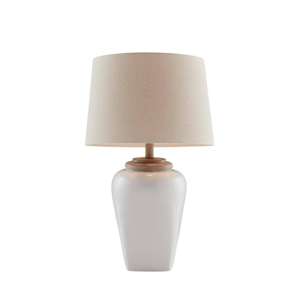 White Ceramic Table Lamp with Light Wood Accents and Empire Shade