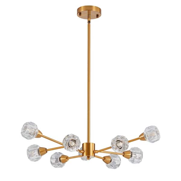 9-Lights Gold Sputnik Pendant Light Crystal Chandelier, Height Adjustable, No Bulbs Included