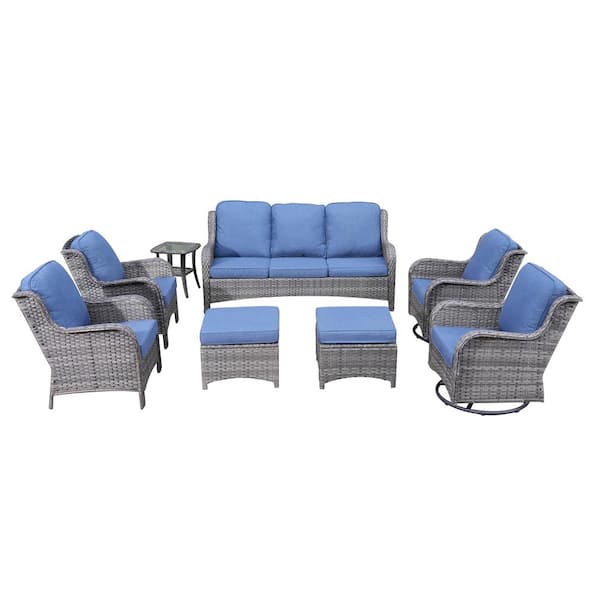 Erie Lake Gray 8-Piece Wicker Patio Conversation Seating Sofa Set with Denim Blue Cushions and Swivel Rocking Chairs