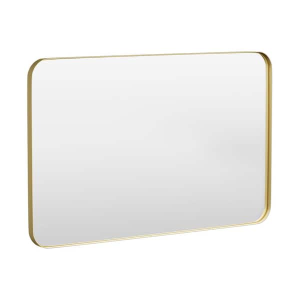 HOMEIBRO 48 in. W x 30 in. H Tempered Glass Rounded Rectangle Framed Wall-Mounted Bathroom Vanity Mirror in Gold