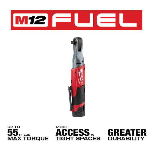 Milwaukee - M12 FUEL 12V Lithium-Ion Brushless Cordless 3/8 in. Ratchet Kit with (2) 2.0Ah Batteries, Charger & Tool Bag