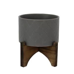 5 in. Dark Grey Argyle Ceramic Pot on Wood Stand Mid-Century Planter