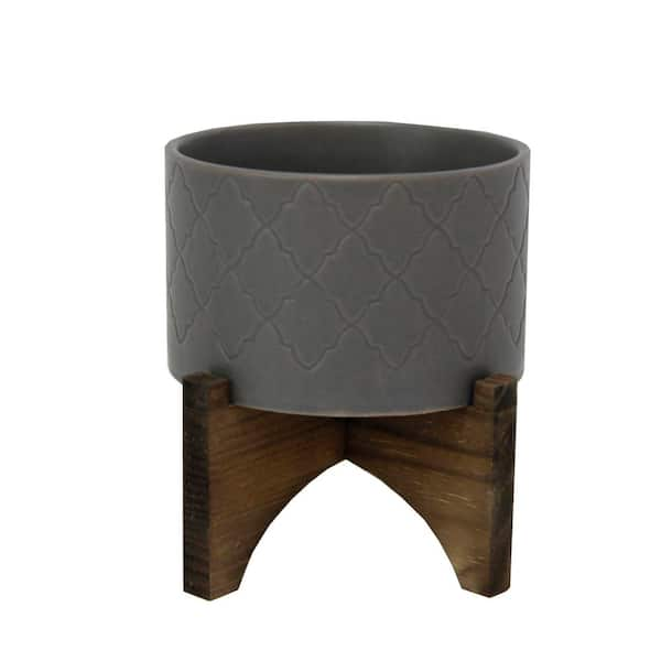 Flora Bunda 5 in. Dark Grey Argyle Ceramic Pot on Wood Stand Mid-Century Planter