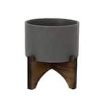 5 in. Matte Gray Argyle Ceramic Pot on Wood Stand
