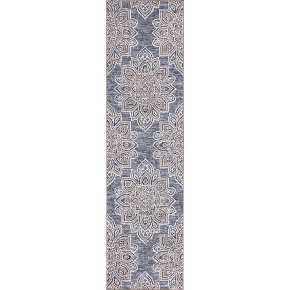 StyleWell Gray 2 ft. x 7 ft. Floral Indoor/Outdoor Patio Runner Rug ...