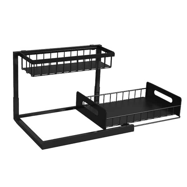 Black Steel Under Sink Organizer Pull Out Sliding Cabinet Shelf with L Shaped Design for Kitchen Bathroom 2-Pack