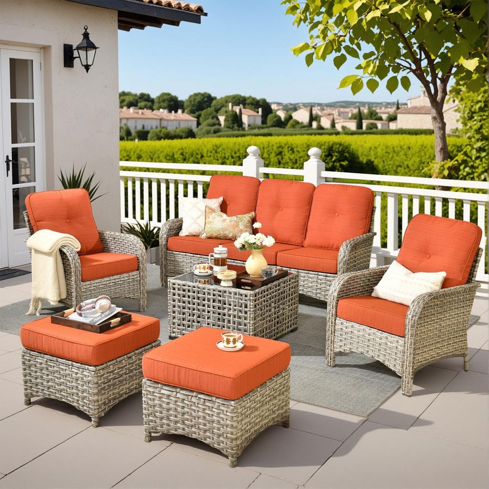 Ruby 6-Piece Wicker Outdoor Furniture Patio Conversation Sofa Set with a Solar-LED Coffee Table and Orange Red Cushions price history on PriceWatchPro