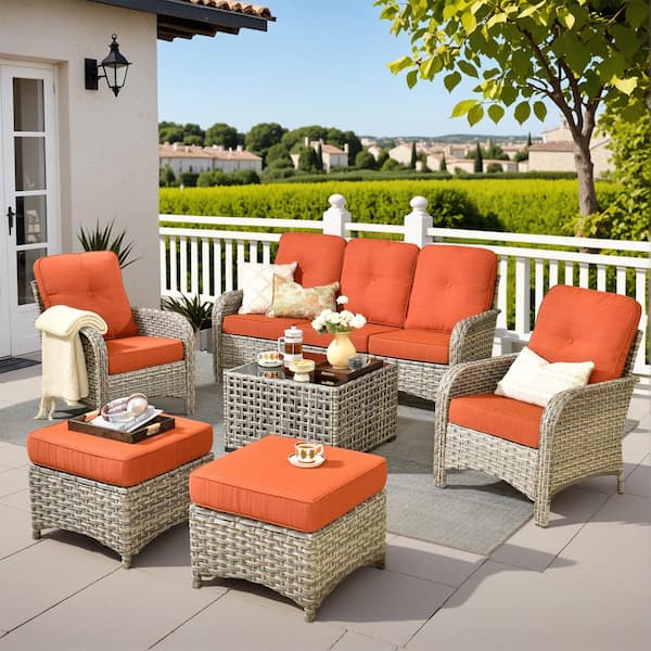 HOOOWOOO Ruby 6-Piece Wicker Outdoor Furniture Patio Conversation Sofa Set with a Solar-LED Coffee Table and Orange Red Cushions