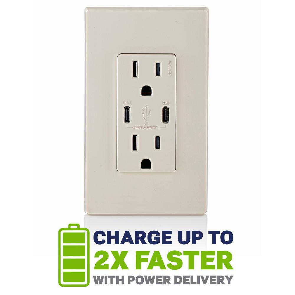 Light Almond Dual Type-C USB In-Wall Charger with Tamper Resistant Outlet