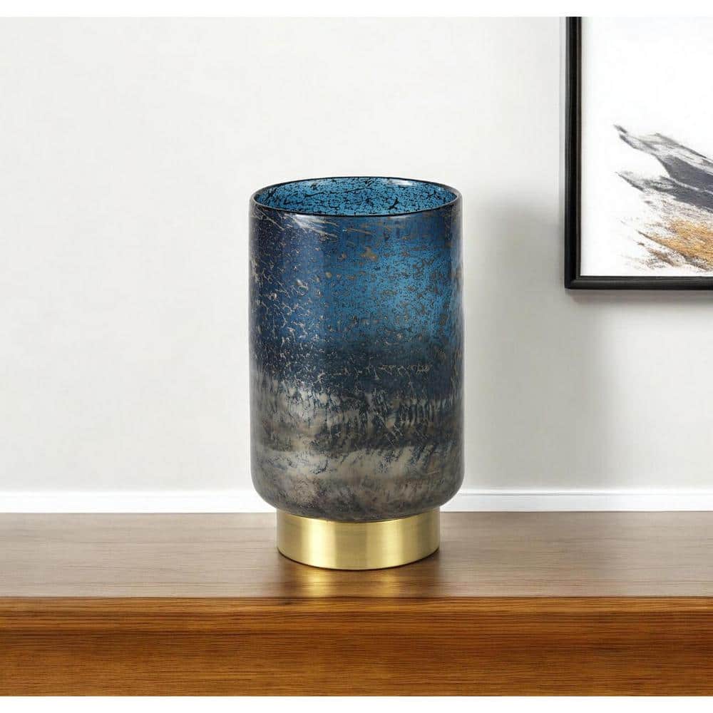 10" Blue and Smoky Gray Glass Vase with Gold Base