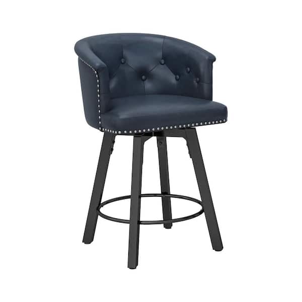 36.22 in. QUINN Navy Blue Faux Leather Metal Base High-Back Upholstered Counter Height Swivel Bar Stool Set of 1
