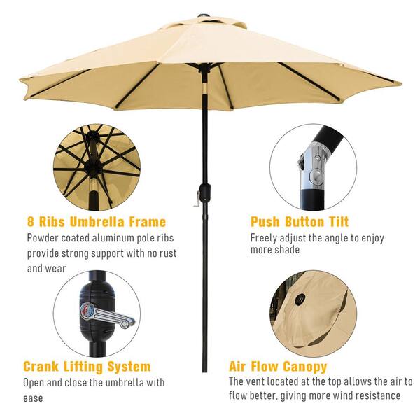 Outdoor 9FT Patio Umbrella 8 Ribs Market Umbrella w// Push Button Tilt and Crank