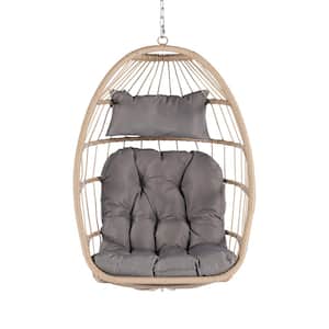 Outdoor 1-Person Garden Rattan Patio Swing Chair Wood and Light Gray Cushion