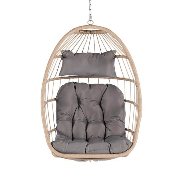Flynama Outdoor 1-Person Garden Rattan Patio Swing Chair Wood and Light Gray Cushion