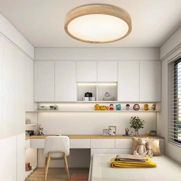 15.74 in. Log Color Wood Dimmable Flush Mount LED Ceiling Light with Remote  and Integrated LED Light Source Included