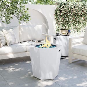 24 in. x 22 in. 50000 BTU Hexagon Concrete Outdoor Propane Gas Fire Pit Table with Propane Tank Cover in Porcelain White