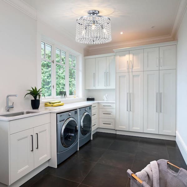 MENCOLULU 13.8 in. 3-Light Modern Small Chrome Drum Semi-Flush Mount Ceiling Light with Beaded Crystal Shade for Kitchen