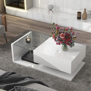 Modernist 39.3 in. White Rectangle Wood Coffee Table with Drawer, Tempered Glass, High-Gloss UV Surface