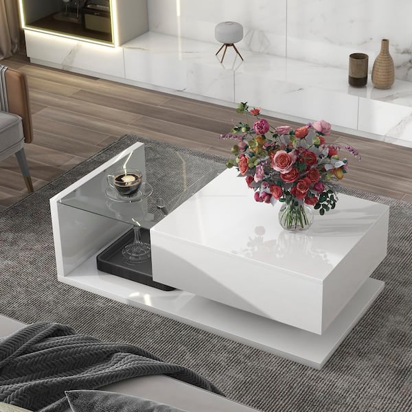 Harper & Bright Designs Modernist 39.3 in. White Rectangle Wood Coffee Table with Drawer, Tempered Glass, High-Gloss UV Surface