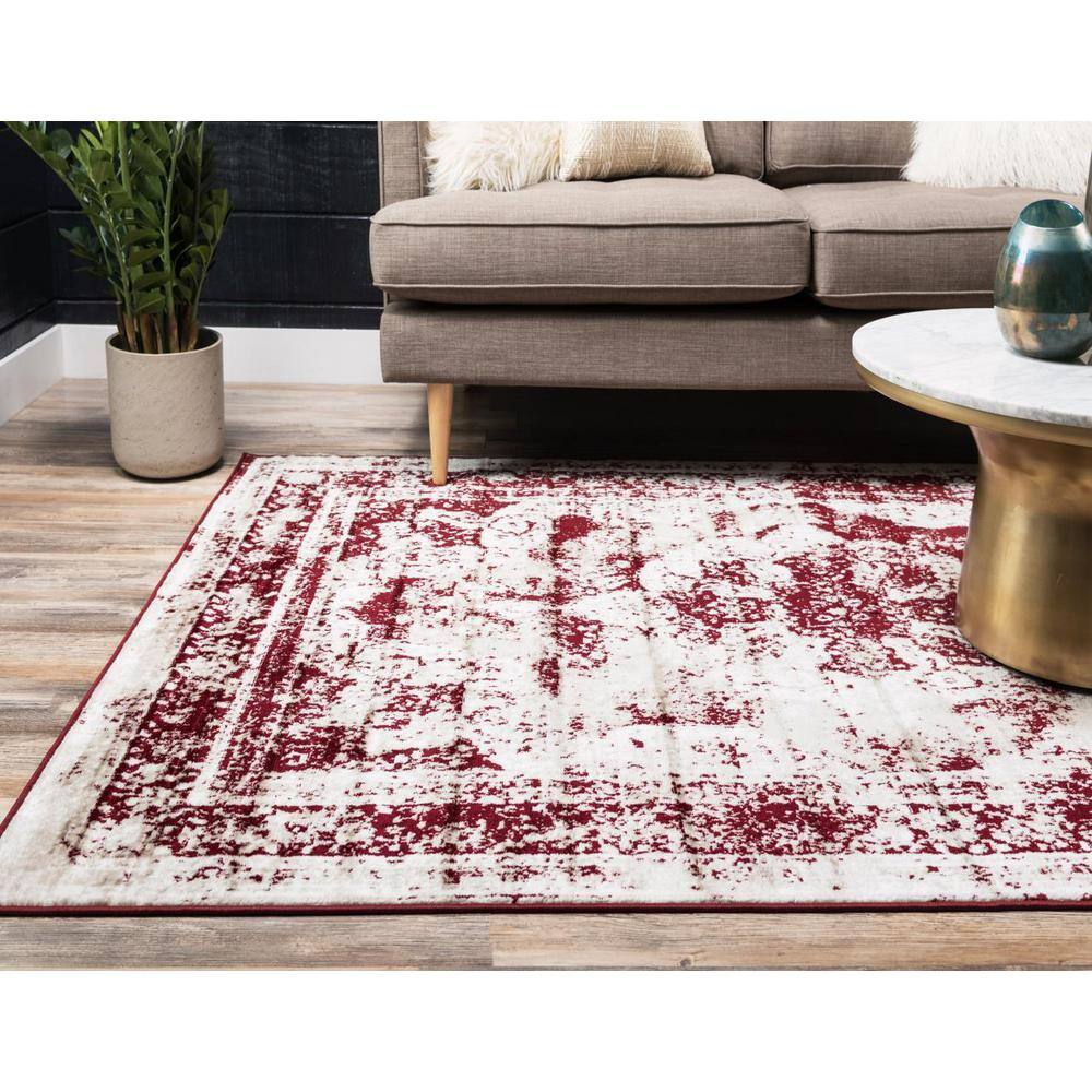 Burgundy and Tan Low Pile Synthetic Area Rug