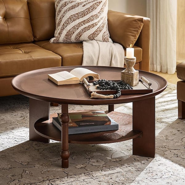 Reinhold 40 in. Walnut Round Wood Coffee Table with Lower Storage Shelf