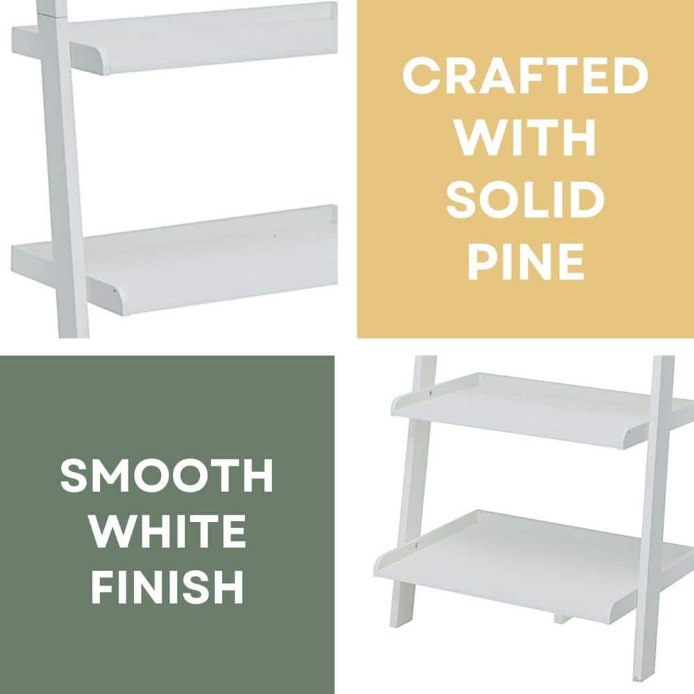 White Wooden Leaning Bookshelf Ladder with Five Shelves