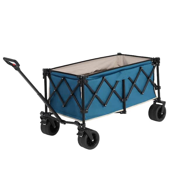 11 cu. ft. Blue Extra Large Foldable Steel Utility Wagon Garden Cart with Automatic Rebound Handle