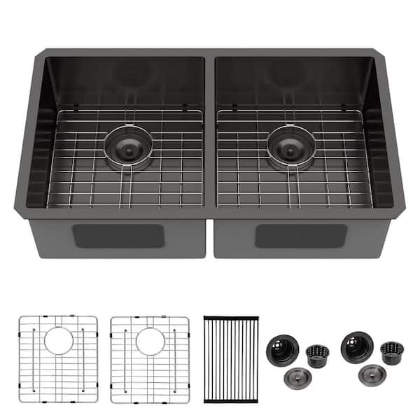33 in. Double Bowl 50/50 Undermount Sink Gunmetal Black 16-Gauge Stainless Steel Kitchen Sink with Bottom Grid