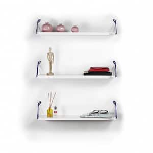 24 in. x 7 in.  Urbane Industrial Aged 3-Tiered Solid Wood and Metal Pipe Floating Wall Shelf,Corner Moulding White/Blue