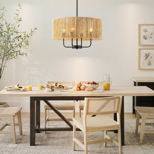 RRTYO Baltra 4-Light Matte Black Modern Farmhouse Handwoven Rope