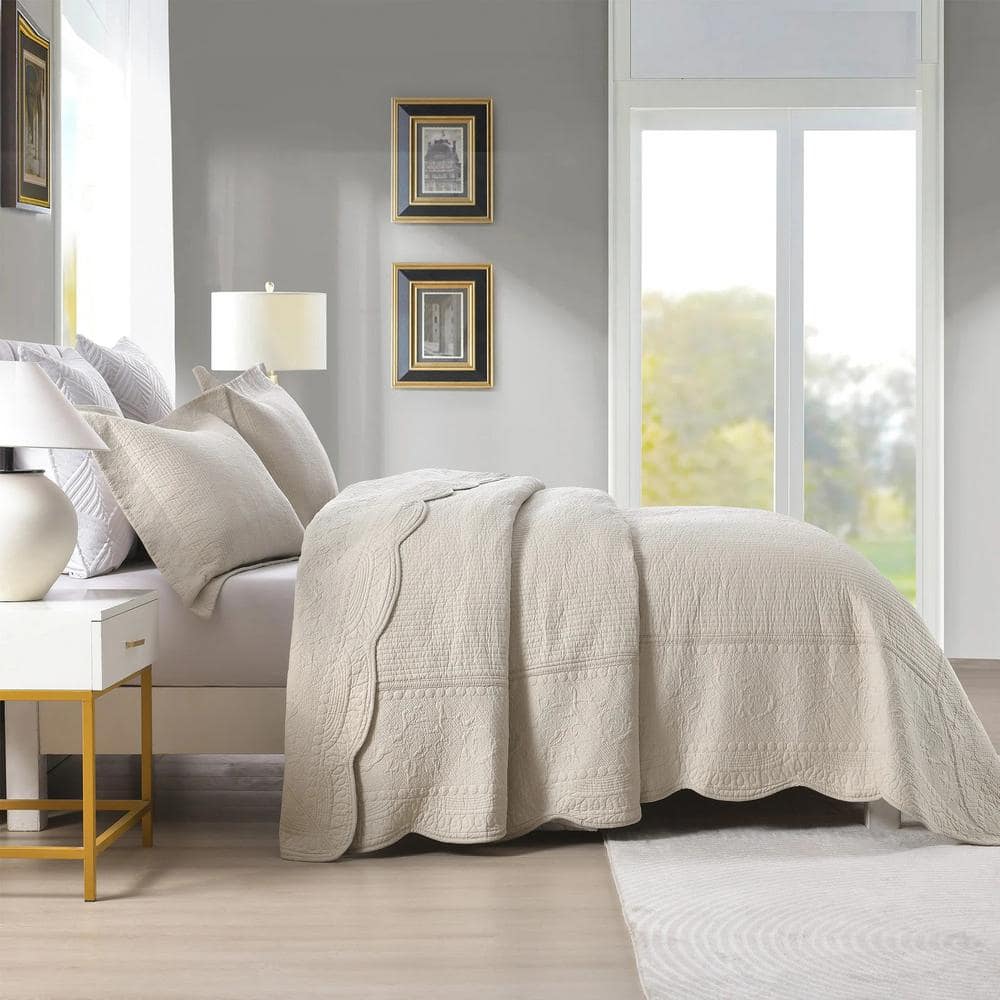 King Size Khaki Cotton Reversible Embroidered Bedspread Set