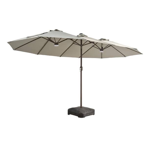 15 ft. x 9 ft. Rectangular Metal Solar LED Double-Sided Market Patio Umbrella with Base and Crank in Light Gray