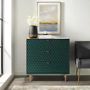 Green Honeycomb pattern 3-Drawers Storage Accent Chest with Golden Stands and Adjustable feet