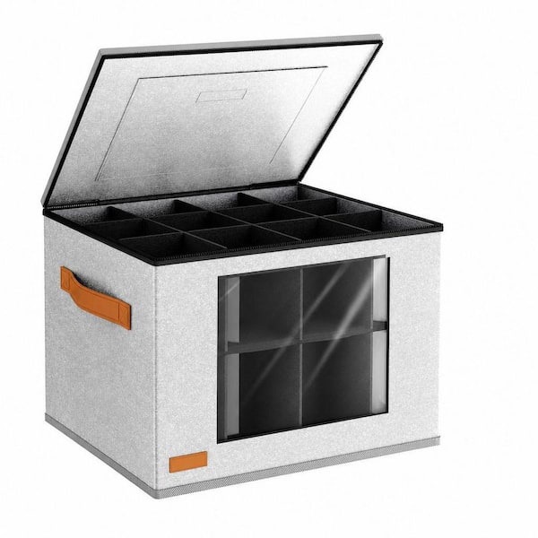 Light Grey Stemware Organizer, 2-Layer Cup Storage Box with Dividers Zipper Lid Handles for Cups Kitchen Bar Cabinet