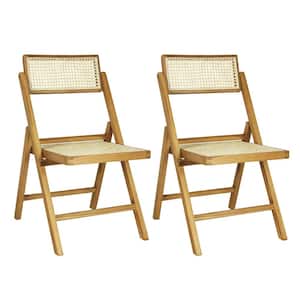Theo Mid-Century Vintage Wood Rattan Folding Side Chair with Adjustable Back, Light Brown (Set of 2)