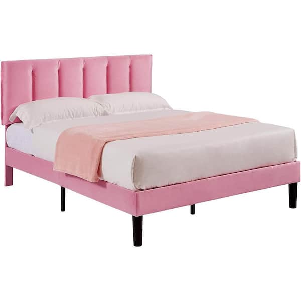 VECELO Upholstered Bedframe, Pink Metal Frame Full Platform