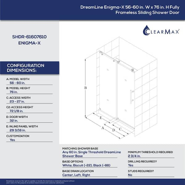 DreamLine SD6160W760 Enigma-Cxo Fully Frameless Sliding Shower