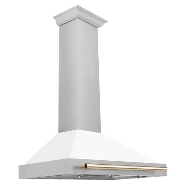 Autograph Edition 36 in. Convertible Satin Steel Wall Mount Range Hood with White Shell and Polished Gold Handle