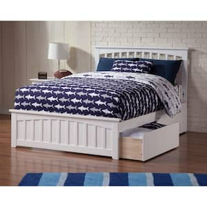 Mission White Full Solid Wood Storage Platform Bed with Matching Foot Board with 2 Bed Drawers