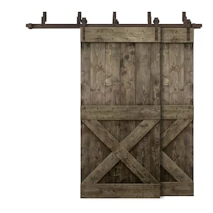 76 in. x 84 in. Mini X Bar Bypass Espresso Stained Solid Pine Wood Interior Double Sliding Barn Door with Hardware Kit