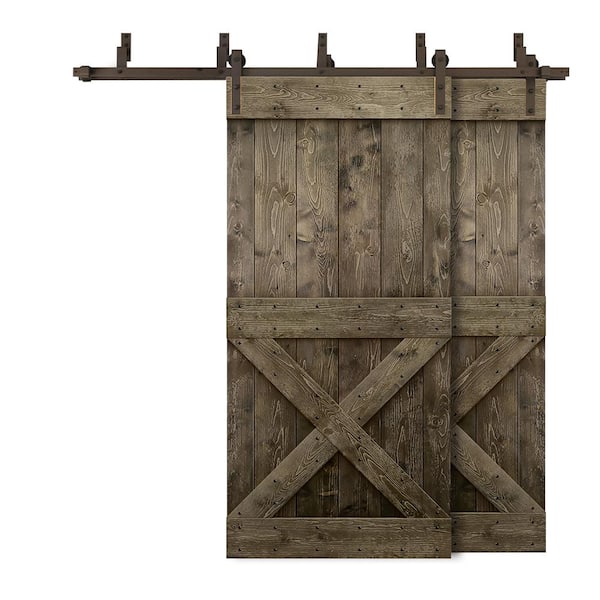 CALHOME 76 in. x 84 in. Mini X Bar Bypass Espresso Stained Solid Pine Wood Interior Double Sliding Barn Door with Hardware Kit