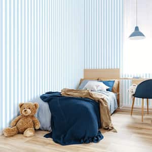 Tiny Tots 2 Sky Blue/White Matte Traditional Regency Stripe Design Non-Pasted Non-Woven Paper Wallpaper Roll