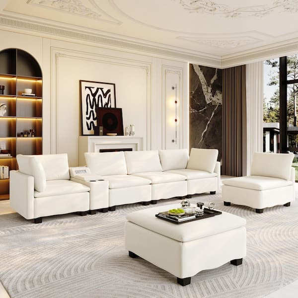 Rain 121.2 in. Chenille Modular Sectional Sofa in Beige+White, with Ottoman, Hidden Storage, USB, Cup Holders, Bluetooth