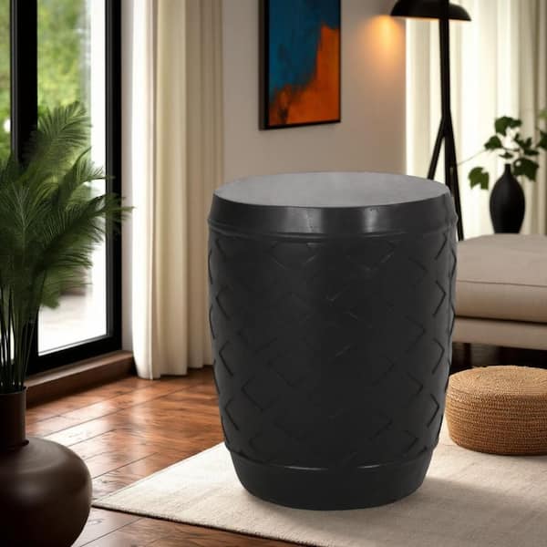 Benjara 15.5 in. Black Round Concrete End Table with Lattice Pattern