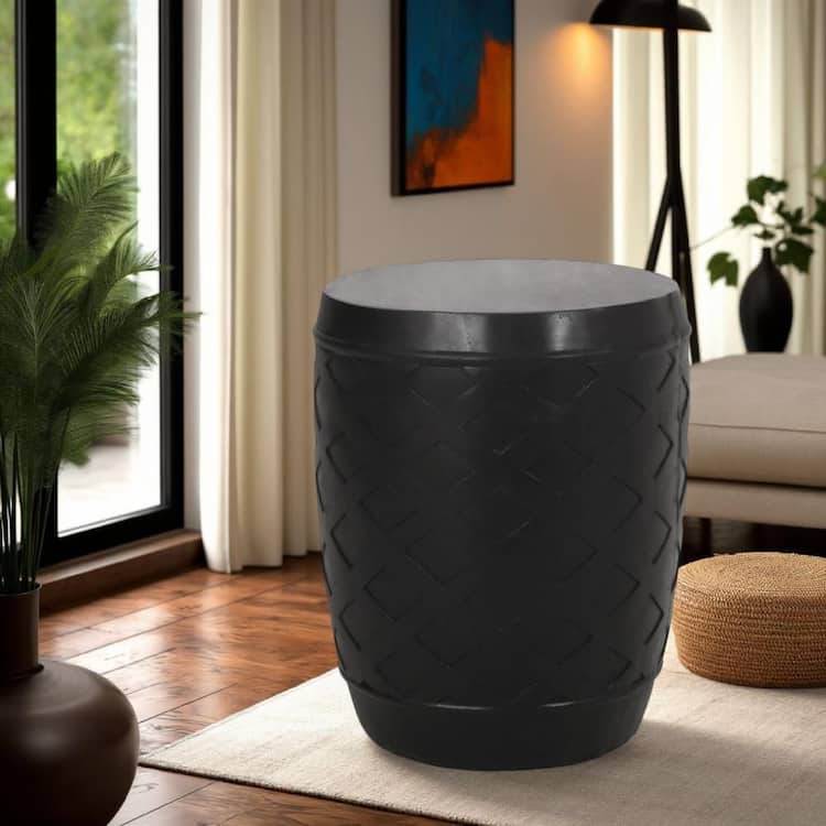 Benjara 15.5 in. Black Round Concrete End Table with Lattice Pattern