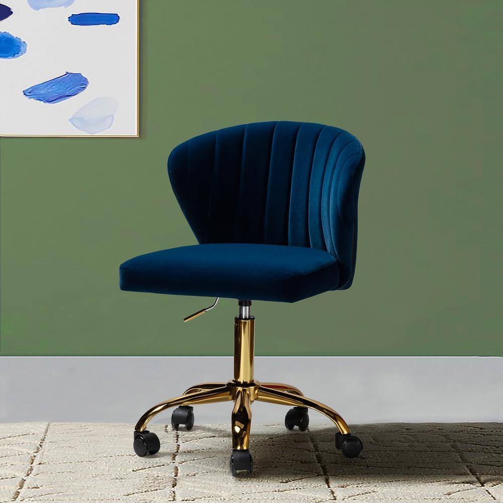 Ergonomic Navy Velvet Armless Task Chair with Gold Metal Base