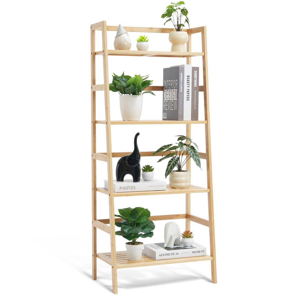 SKYSHALO 4-Tier Bamboo Ladder Shelf, Trapezoid Open Bookcase